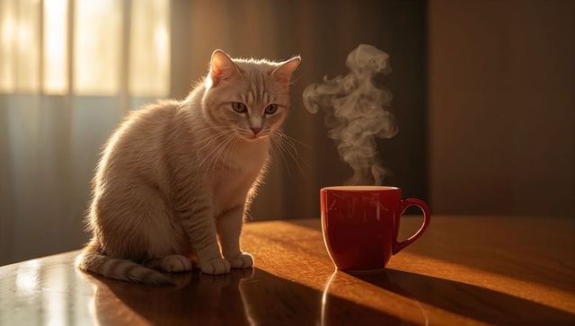 Cream cat watching steaming red mug on wooden table in warm morning light
