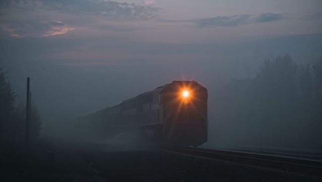 Diesel locomotive cutting through thick fog at dusk with bright headlight on rural tracks