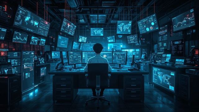 Cybersecurity expert monitoring data on high-tech display screens