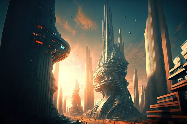 This image depicts an advanced futuristic cityscape with striking architectural designs and sci-fi elements. The scene, bathed in the warm glow of a setting sun, features towering buildings with intricate structures and floating levels. Ideal for illustrating concepts related to future cities, technological advancements, sci-fi environments, and modern urban planning.