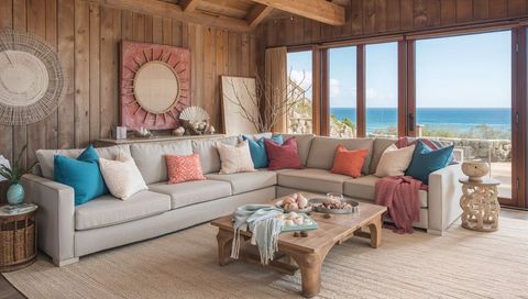 Coastal living room with l-shaped gray sectional and colorful pillows facing ocean view