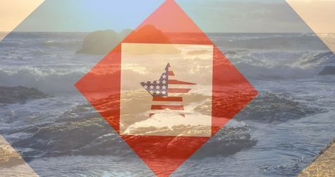 Patriotic american star overlay on scenic ocean background