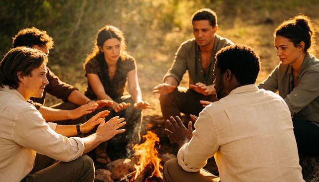 Friends warming hands around campfire during golden hour outdoors, bonding in nature