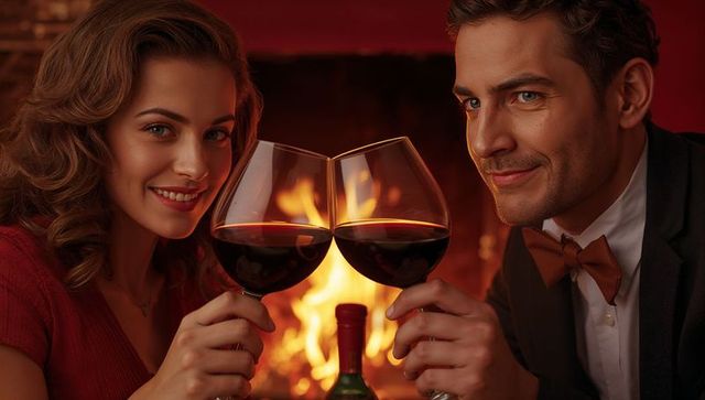 Couple toasting red wine before cozy fireplace with warm elegance