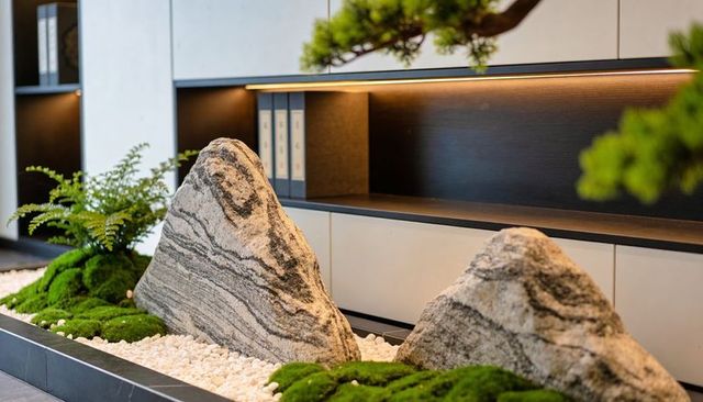 Serene indoor zen rock garden featuring striated granite boulders and lush green moss