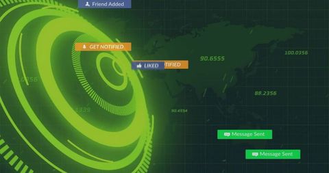 Pulsing green hud radar displaying world map, coordinates and social notifications
