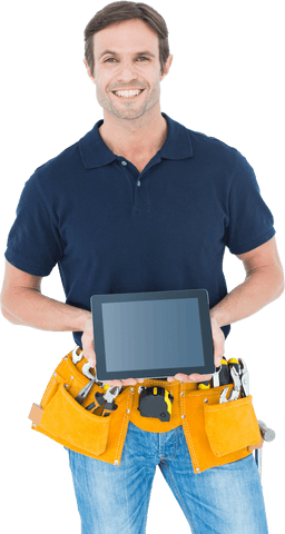 happy carpenter holding digital tablet with transparent screen - Download Free Stock Videos Pikwizard.com
