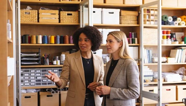 Businesswomen inspecting organized textile stock with colorful thread spools and supplies