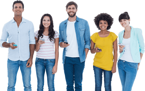 Diverse group of professionals using smartphones transparent background
