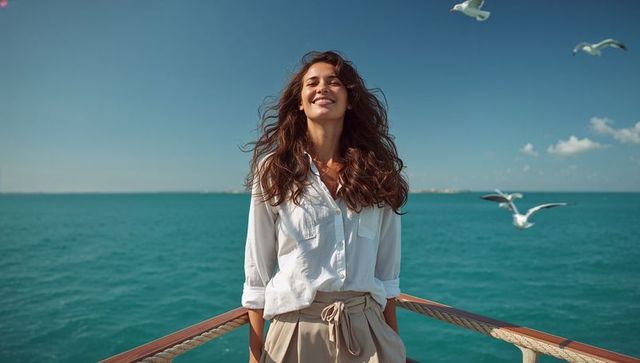 Woman enjoying sea breeze on boat bow with turquoise ocean and seagulls