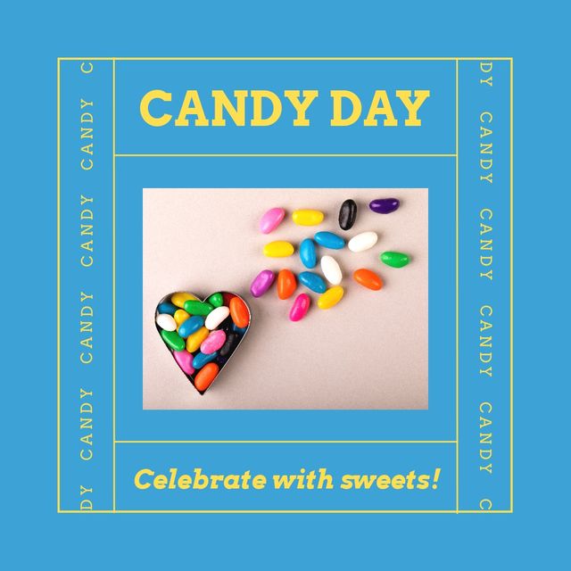 Square image of national candy day text in yellow with colourful jelly beans in heart, on blue. American candy day celebration, sweet treats and fun concept digitally generated image.