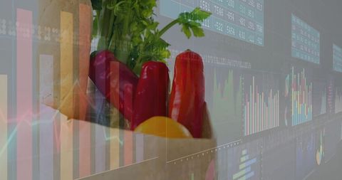 Fresh vegetables with dynamic market data graphics