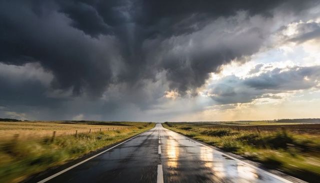 Stretching wet two-lane road reflecting sunbeams under brooding storm clouds over farmland