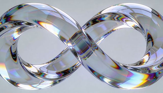 Twisting glass infinity ribbon refracting prismatic light, rainbow caustics crystal loops