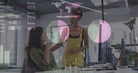 Colleagues Discussing Data Overlay in Modern Office Environment