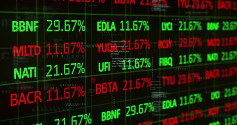 Digital finance data dashboard showing ticker symbols and code