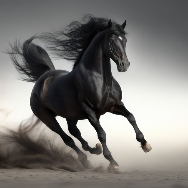 Close up of wild black horse running in sand, created using generative ai technology. Wild animal, freedom, nature, beauty in nature and wildlife concept digitally generated image.