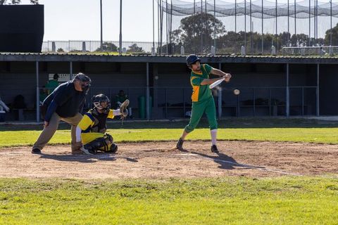 Batter swinging at incoming pitch with catcher and umpire on sunny baseball diamond