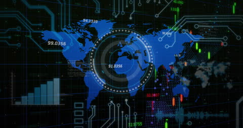 Global Financial Data Animation Displaying World Map and Charts
