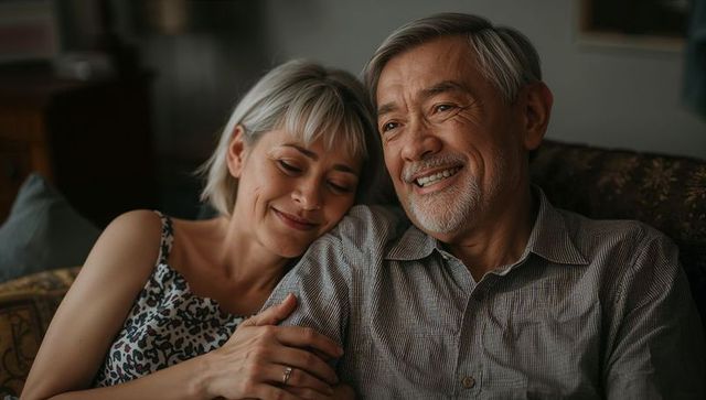 Senior couple sharing cozy moment on couch, smiling and leaning together in warm embrace