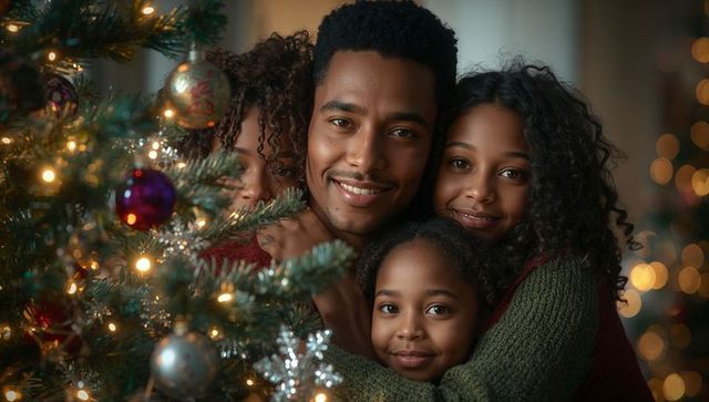 Family Gathering Around Christmas Tree with Joy and Warmth
