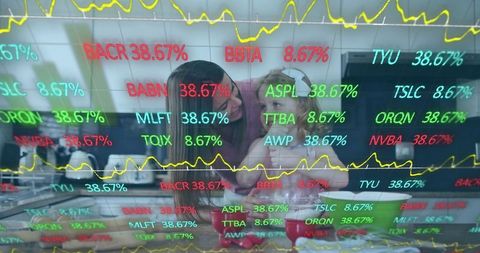 Mother and Daughter Cooking with Stock Ticker Overlay