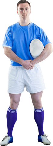 Confident rugby player holding rugby ball on transparent background