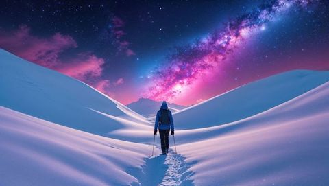 Explorer Treks through Snowy Landscape under Vibrant Milky Way