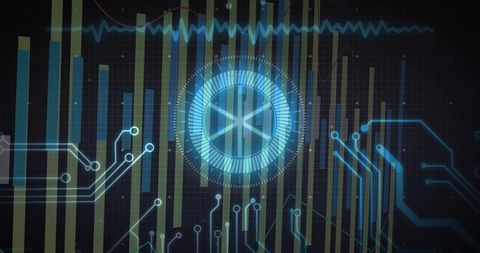 Futuristic HUD Interface with Glowing Radial Gauge, Circuit Traces and Bar Chart