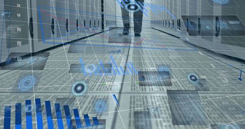 Futuristic digital artifacts overlaying high-tech data center