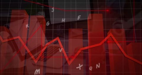 Red 3d bar charts and line graph overlapping in office environment