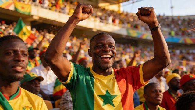 Cheering football fan raising arms in senegal tricolor jersey at sunlit stadium crowd