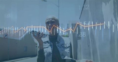 Woman Communicating Through Smartphone with Financial Charts