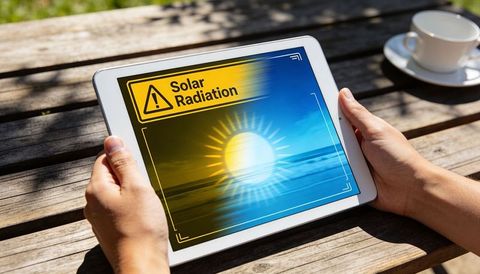 Holding tablet displaying solar radiation warning over wooden patio table with coffee cup