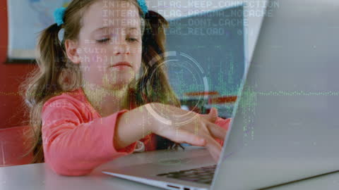 Girl Using Laptop with Digital Data Overlay