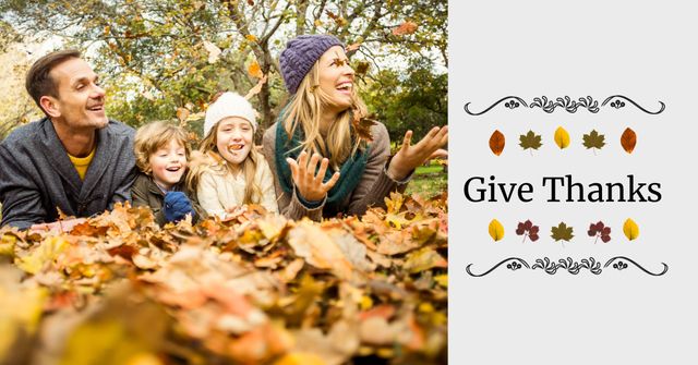 Joyful Family Enjoying Autumn Leaves with Thanksgiving Message - Download Free Stock Templates Pikwizard.com