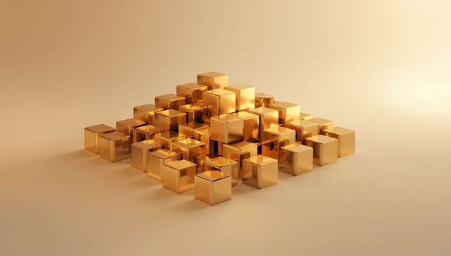 Golden Cubes Forming Loose Pyramid Reflective Metallic Blocks Minimalist Geometry