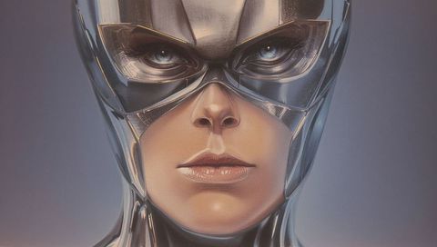 Chrome warrior woman staring through sculpted visor wearing futuristic armor portrait