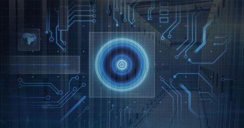 Glowing HUD Projecting Concentric Rings Over Data Center Aisle