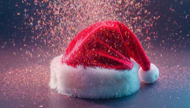 Red Velvet Santa Hat Resting on Table with Falling Glitter Confetti and Soft Fur Trim