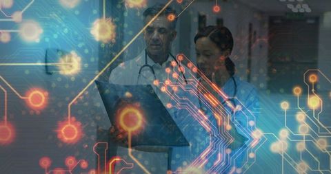 Physicians Reviewing Clinical Data with Digital Interface Overlay