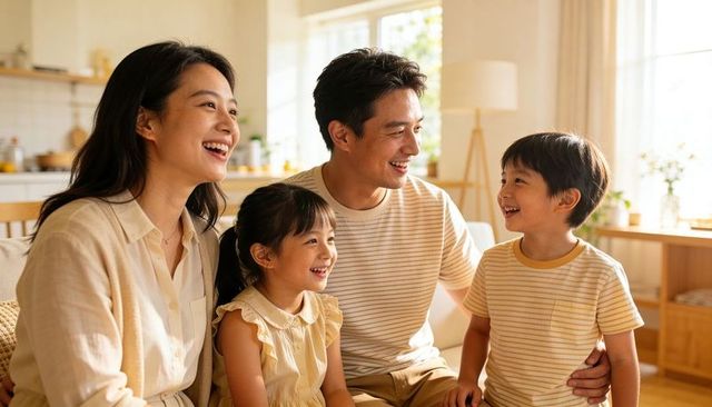 Asian family laughing and chatting on living room sofa enjoying warm sunlight together