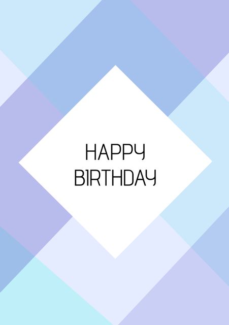 This modern happy birthday card features a clean white diamond-shaped center with the text 'Happy Birthday' encapsulated by geometric patterns in varying shades of blue and purple. The minimalist and elegant design makes it perfect for digital social media posts or to print for personalized greeting cards to celebrate someone's special day.