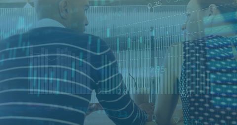 Diverse team collaborating with financial data processing overlay