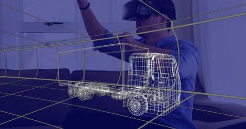 Man engaging with virtual reality 3d truck design at home