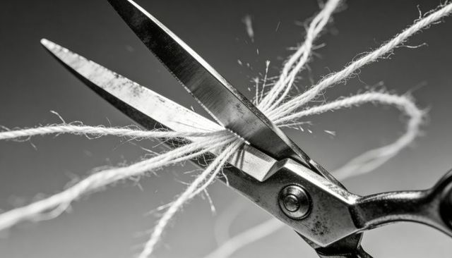 Cutting frayed cotton twine with vintage steel scissors close-up macro black and white