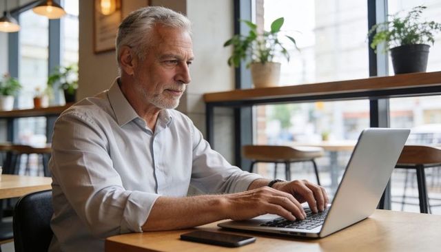Senior man typing on laptop in sunlit cafe, remote work with smartphone on wooden table