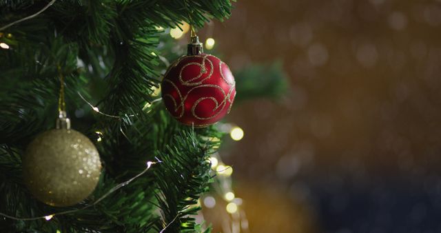 Image of christmas tree with baubles and fairy lights decorations on blurred background. christmas, tradition and celebration concept.