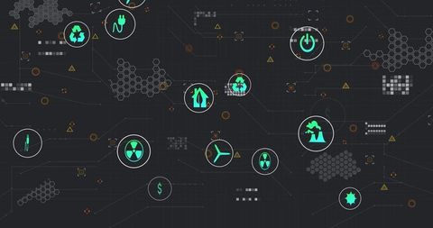 Futuristic circuit board design with eco-friendly icons