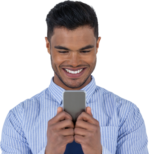 Smiling businessman in striped shirt using smartphone on a transparent background - Download Free Stock Videos Pikwizard.com